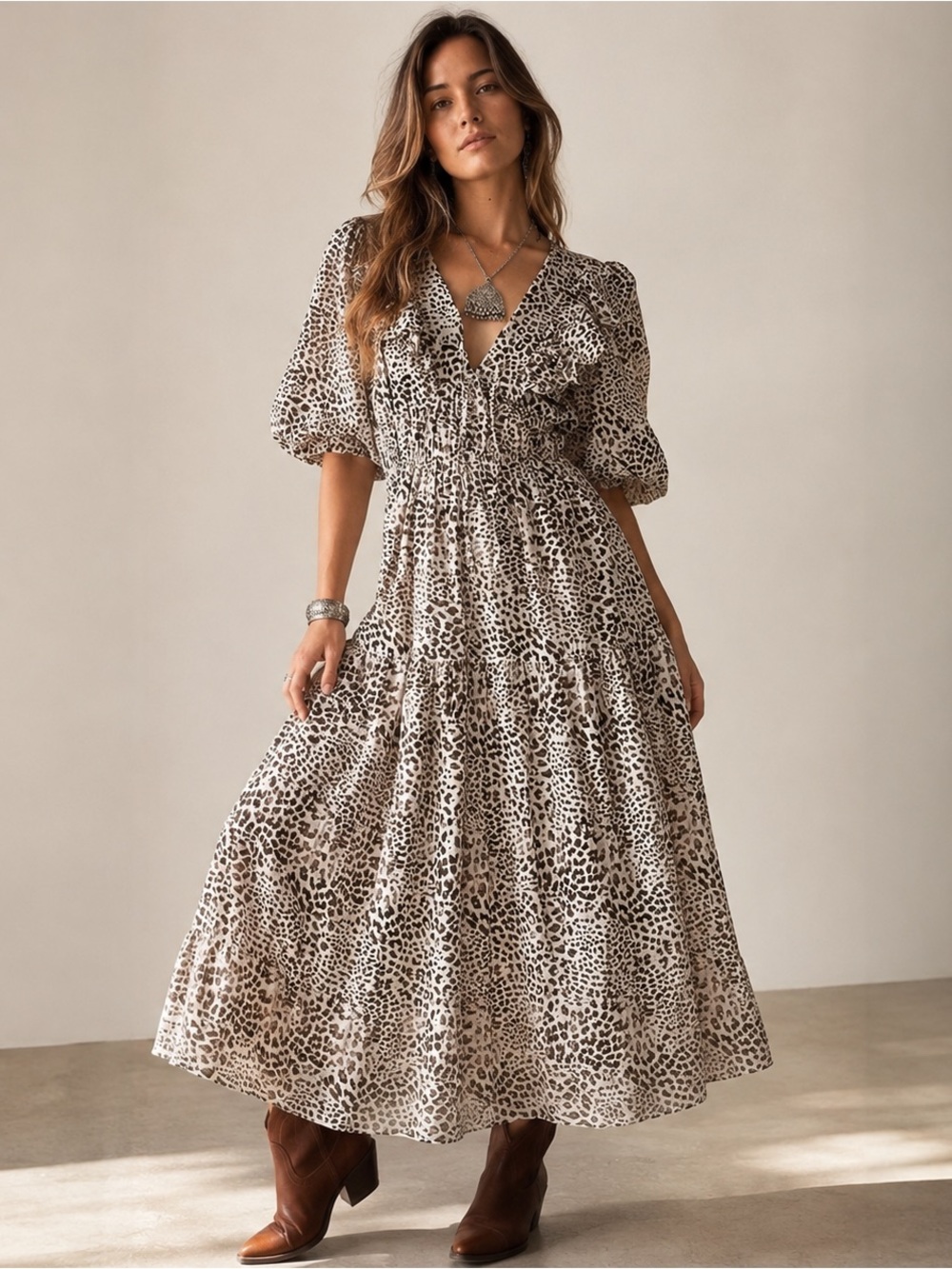 SEA NY Calla Animal Print Puff Sleeve Maxi Dress Size 8